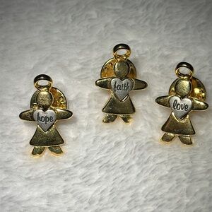 Faith, Hope, Love Lapel Pins Gold Toned w Heart & Scripted Word EUC